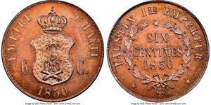 1850,Faustin I copper Proof Pattern 6 Centimes 1850 PR66 Red NGC, KM-Pn46. Wreath/Shield type. Sold with old Hannick's Seattle Coin Shop envelope. HID05401242017.