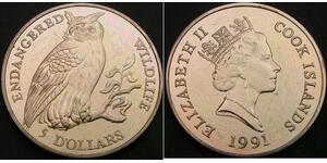 COOK ISLANDS 5 Dollars 1991 - Endangered Wildlife - Eagle owl - UNC - 2076 