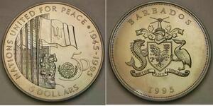 BARBADOS 5 Dollars 1995 - Cu-Ni - 50th Anniversary of U. N. - UNC - 1126 *