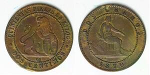 SPAIN 2 Centimos 1870 OM - Copper - Provisional Government - VF - 4360