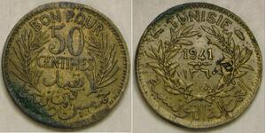 TUNISIA 50 Centimes AH 1360 / 1941 - Aluminium-Bronze - VF+ - 2791 *
