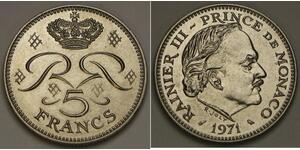 MONACO 5 Francs 1971 - Copper-Nickel - Rainier III. - aUNC - 2970 *