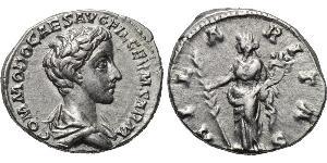 COMMODUS (Caesar, 166-177). Denarius. Rome. Obv: COMMODO CAES AVG FIL GERM SARM. Bare-headed and draped bust right. Rev: HILARITAS. Hilaritas standing left with cornucopia and palm branch. RIC 61 ...