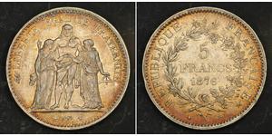  
 
   1876, France (3rd. Republic).  Large Silver 5 Francs Coin. Nicely Toned XF+  Mint year: 1876  Mint Place: Paris (A)  References: KM-820.1.  Denomination: 5 Francs  Condition: Minor contact ...