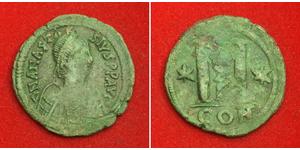  
 
  
 Byzantine Empire, Anastasius I (512-517 AD) Large Bronze 40 Nummi Coin. VF- 
   
 Denomination: 40 Nummi Mint period: 539-540 AD Mint Place: Constantinople Emperor: Justinian I (527-565)  ...