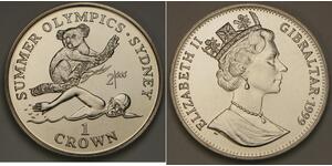 GIBRALTAR 1 Crown 1999 -Cu-Ni- Sydney Olympics / Swimmer & Koala - UNC - 2909 *