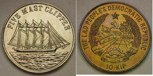 LAOS 10 Kip 1988 - Copper-Nickel - Five-Masted Sailship Prussia - aUNC - 1141 *