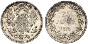 Finnland. Alexander II. von Russland 1855-1881. 25 Penniä 1875 S. K.M. 6.2. Fast Stempelglanz