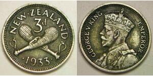 NEW ZEALAND 3 Pence 1933 - Silver 0.5 - George V. - XF - 352 *