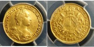  
  1755, Austrian Netherlands,  Maria Theresa. Gold ½ Souverain   d'or Coin. PCGS AU+  Mint Year: 1755 Engraver: Jacques Roettiers (R) Denomination:  ½ Souverain d'or Mint Place: Antwerp (privy  ...
