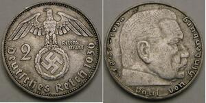 GERMANY (3rd Reich) 2 Reichsmark 1936 D - Silver 0.625 - Hindenburg - VF+ -3457*