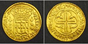 
  1700, Brazil, Pedro II. Beautiful Gold 4000 Reis Coin. (Cleaned F-VF!) 7.51gm!  Mint Year: 1700 Denomination: 4000 Reis  Mint Place:  Rio de Janeiro  Reference: Friedberg 21,  Russo-32A, KM-9 ...