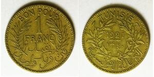 TUNISIA 1 Franc AH 1340 / AD 1921 (a) - Aluminum/Bronze - Anonymous Ruler - 3675