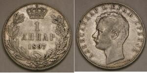 SERBIA 1 Dinar 1897 - Silver 0.835 - Aleksandar I. - VF/XF - 1837 *