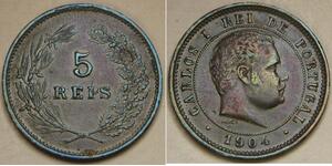 PORTUGAL 5 Reis 1904 - Bronze - Carlos I. - XF - 424 *