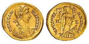 ARCADIO (383-408) Solido (Milano) D/ Busto diademato e corazzato R/ Arcadio con labaro e vittoriola, calpesta un barbaro. Toffanin 500/2 Au g 4,33 BB+