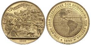 Vereinigte Staaten von Amerika, Medaillen Bronzemedaille 1892, von Kissing. Auf den 500. Jahrestag der Entdeckung Amerikas durch Christoph Kolumbus. Kolumbus bei seiner Landung / Globus. 39 mm. V ...