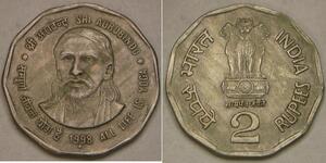 INDIA 2 Rupees 1998 - Copper-Nickel - Sri Aurobindo - XF - 4198 *
