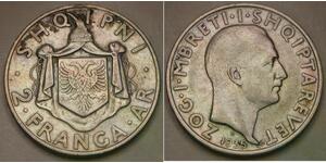 ALBANIA 2 Franga Ar 1935 R - Silver 0.835 - Zogu I. - VF - 1656 *