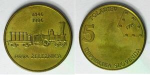 SLOVENIA 5 Tolarjev 1996 - Brass - First Railway in Slovenia - aUNC - 1189