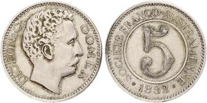 Französische Kolonien-Neukaledonien. 5 Francs 1882. Digeon & Co. Societé Franco Australienne in Gomen. Sehr schön - vorzüglich