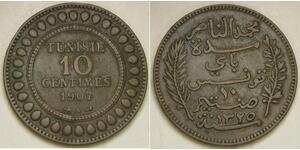 TUNISIA 10 Centimes AH 1325 / 1907 A - Bronze - Muhammad V. - VF/XF - 2828 *