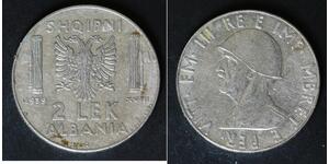 ALBANIA (Italian Occupation WWII) 2 Lek 1939 R - Stainless Steel - VF - 3827