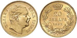1882,SERBIEN. Michael Obrenovitch IV. (I.), 1868-1889. 20 Dinara 1882, Wien. 6.45 g. Schl. 2. Fr. 4. Selten so anzutreffen / Scarce. Kleine Kratzer / Small scratches. Gutes vorzüglich / Good extr ...