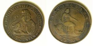 SPAIN 5 Centimos 1870 OM - Copper - Provisional Government - F/VF - 3449