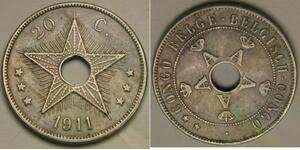 BELGIAN CONGO 20 Centimes 1911 - Copper-Nickel - Albert I. - VF/XF - 109 *