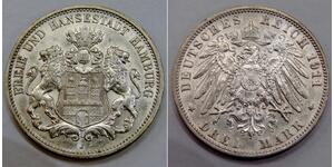 Germany - Hamburg - 1911 J - Silver 3 Mark - KM# 620