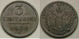 LOMBARDY VENETIA 3 Centesimi 1852 V - Copper - Franz Joseph I. - VF/XF - 2025 *