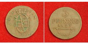  
 
  
 1825, Saxe-Coburg-Saalfeld. Nice Copper 3 Pfennig Coin. VF- 
  
  Mint year: 1825 Reference: KM-133. Denomination: 3 Pfennig Mint Master: Samuel Gottlieb Helbig (S.G.H.)  Condition: Green ...