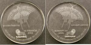 CONGO (D. R.) 10 Francs 2004 - Acrylic - Iphiclides Podalirius Butterfly - UNC *