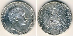 Пруссия
3 марки (1910 г.)
Серебро
Вильгельм II. Номер по Краузе КМ#527, 900-я проба, 16,667 г.
