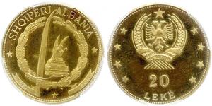 Albanien. Sozialistische Volksrepublik. Ab 1946. 20 Leke 1968. Helm und Schwert Skanderbegs. K.M. 512, Friedberg 22. In US Plastic-Holder PCGS PR63DCAM. GOLD. Winziger Fleck, Polierte Platte