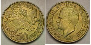 MONACO 50 Francs 1950 - Aluminium-Bronze - Rainier I II. - XF/aUNC - 3678 *