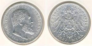 Вюртемберг
3 марки (1914 г.)
Серебро
F. Вильгельм II. Номер по Краузе KM#635, 900-я проба, 16,667 грамм, 33 мм. 
