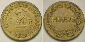 FRANCE 2 Francs 1944 - Brass - Mint Philadelphia - XF - 2551 *