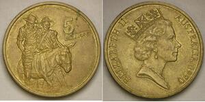 AUSTRALIA 5 Dollars 1990 - Aluminium-Bronze - ANZAC 75 Years - aUNC - 4102 *