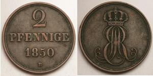 HANNOVER (German State) 2 Pfennig 1850 B - Copper - Ernst August - VF+ - 2120 *