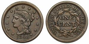 1848 Braided Hair Large Cent, N-6, scarce TDS (e) reverse die break