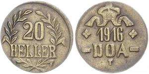 1916,Deutsch Ostafrika. 20 Heller 1916 T, Messing. Kleine Krone / Zweige unter Wertangabe, mit unvollständigem LL. Jaeger 726 b. Sehr schön - vorzüglich
