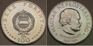HUNGARY 100 Forint 1968 BP - Silver 0.64 - Ignac Semmelweis - aUNC - 238 *