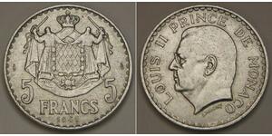 MONACO 5 Francs 1945 - Aluminium - Louis II. - VF/XF - 2974 *