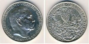Веймарская республика
5 марок (1927 г.)
Серебро
Пробник. Гинденбург. Номер по Краузе X#84, 24,5 г.
