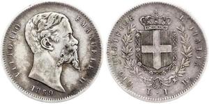 1859,Italien-Königreich. Vittorio Emanuele II. 1859-1861-1878. Lira 1859 B, Bologna. Pagani 438. Sehr schön.