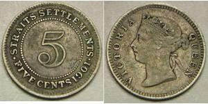 STRAITS SETTLEMENTS 5 Cents 1901 - Silver 0.8 - Queen Victoria - VF/XF - 998 *