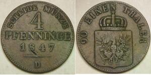 PRUSSIA (German Kingdom) 4 Pfennig 1847 D - Friedrich Wilhelm IV. - VF - 2638 *