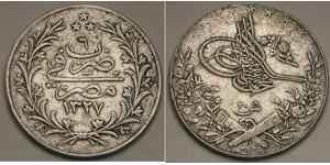 EGYPT 20 Qirsh AH 1327 / 6 (1914) H - Silver 0.833 - Mehmed V. - VF - 1959 *